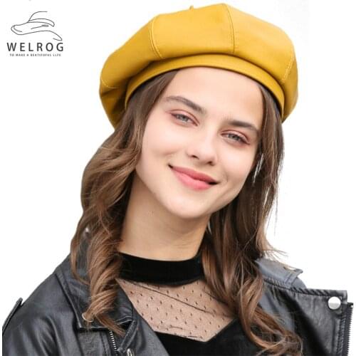 WELROG 2020 PU Leather Octagonal Hat Women Spring Hat Solid Color Beanie Without Brim Octagonal Hat Fashion Newsboy Caps Berets