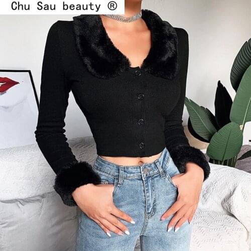 2021 New Fashion Black Long Sleeve Fluffy Turn-down Collar Button Spring Autumn Women Shirt Cropped Top Slim Elastic Casual Tops