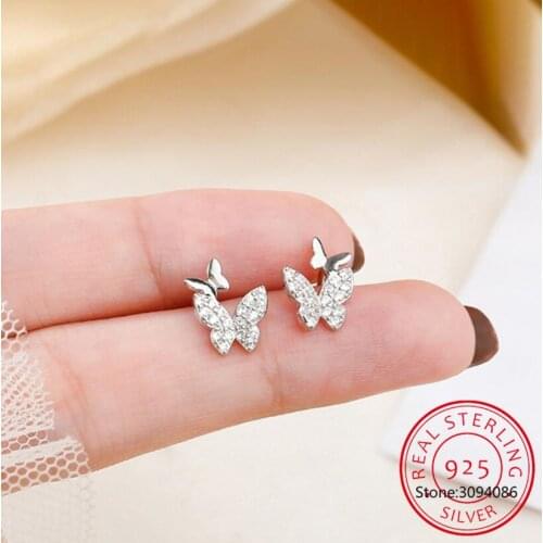 925 Sterling Silver Pavé Crystal Shiny Butterfly Stud Earrings Women Simple Temperament Wedding Party Jewelry Friendship Gift