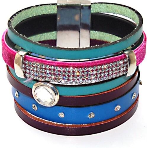 Miasol New Arrival Genuine Leather Wrap Bracelet Brazilian Style Wide Magnetic Wrap Crystal Charm Bracelet For Women Gift B1008