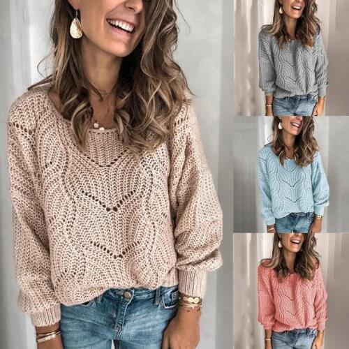 Autumn Winter Warm Sweater For Women 2020Fashion Casual Loose Solid Hollow Long Sleeve Crew Neck Tops Pullover Knitted Sweater