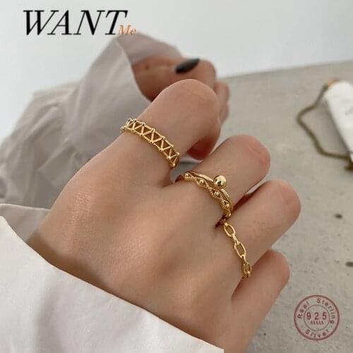 WANTME Hip Hop Real 925 Sterling Silver Mesh Chain Bead Finger Opening Ring for Women Punk Simple Fashion Jewelry Accessories