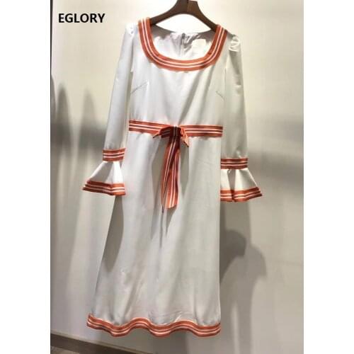 Newest Fashion Spring Summer Dress 2020 High Quality Women Striped Print Patchwork Bow Waist Deco Mid-Calf Length Dress Chic