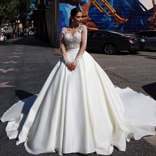 Winter Long Sleeves Sexy Backless Satin A Line Wedding Dresses 2020 Robe De Mariee Pearls Beading Bridal Gowns Custom Made Dress