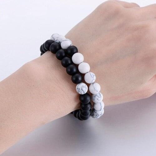 2Pcs/Set Lovers Couples Men and Women Matte Bead Stone Distance Bracelet, White and Black Bracelet, Yin Yang Beaded Bracelets