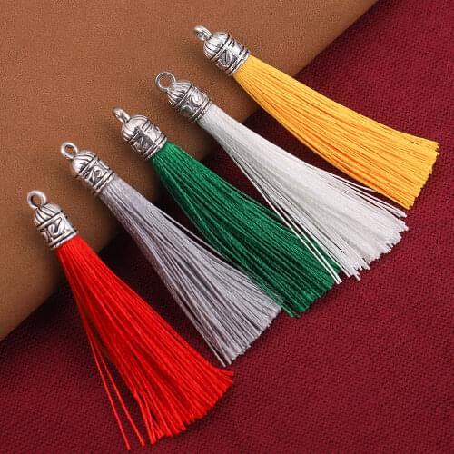 5Pcs/lot 60mm Antique Silver End Caps Silk Tassels Earrings Charm Pendant Satin Tassels for DIY Jewelry Making Earring Findings