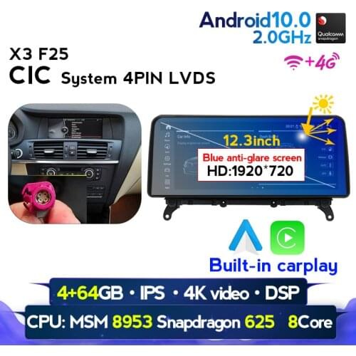 12.3inch MSM8953 Android 10 4GB+64GB 4G LTE Car GPS Navigation Multimedia Player for BMW X3 F25 X4 F26 2011-2017 CIC NBT F25