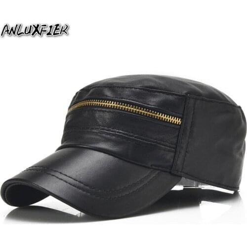 B-7127 New Arrival Fashion Leather Cap Men Baseball Cap Zipper Decoration Adjustable Flat Hat Male Sheepskin Leather Hats