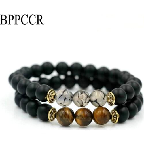 BPPCCR 2pcs/set Lapis Lazuli Tiger eye Stone Couples Loves' Charm Distance Yoga Bracelets Chakra Men Women Pulseira Hombres