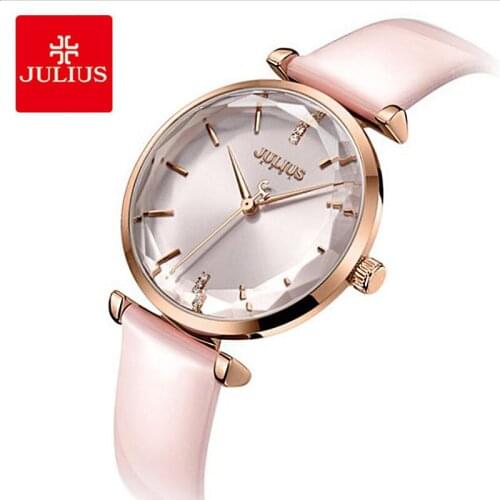Julius Brand Casual Pink Leather Watch Woman Simple Multi Faceted Cutting Mirror Quartz Dress Wrist Watches Girls Montre Femme