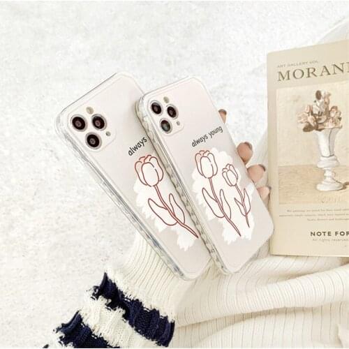 Retro line Sweet Tulip Flower art Japanese Phone Case for apple iPhone 11 12 Pro Max Xr Xs Max 7 8 Plus X 7Plus case Cute Cover