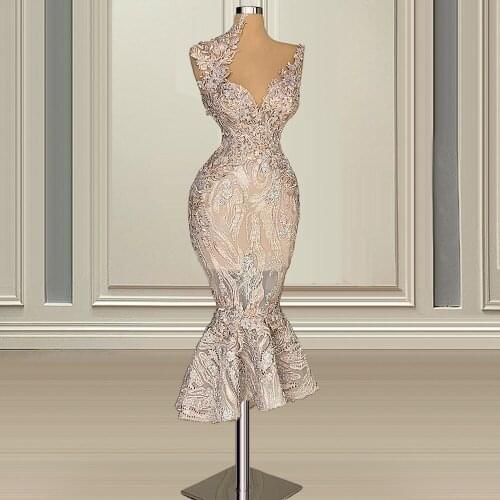 Tea Length Mermaid Dinner Dress Beaded Lace Semi-Formal Dress vestido de fiesta вечірні плаття жіночі Dubai Short Prom Dress