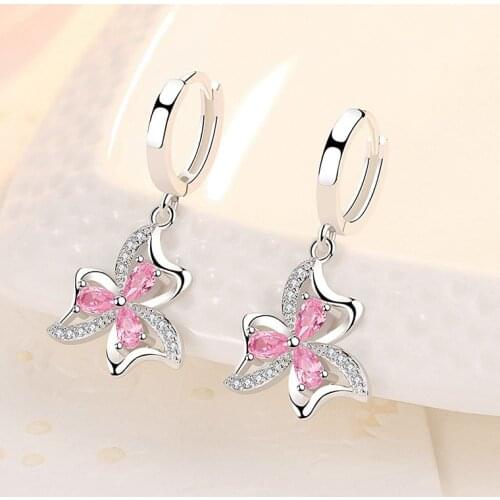 Dainty Female Pink Purple Crystal Earrings Charm Silver Color Long Hoop Earrings For Women Trendy Zircon Flower Wedding Earrings