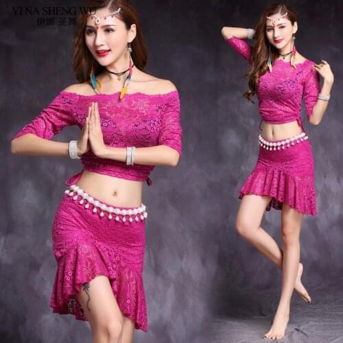New Belly Dance Costume Practice Set Women Sexy Lace Long Sleeve Top&Skirt Oriental Dancer Practice Clothes Suit Short Skirt Hot
