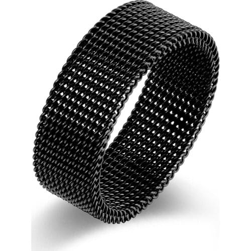 Fashion Mens Ring Watchband Braided Elastic Mesh Rings Gold Black Silver Color Finger 8MM Width Cool Male Jewelry