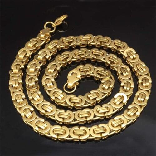 8.5MM Mens Chain Gold tone Necklace Flat Byzantine Stainless Steel Chain Fashion Jewelry