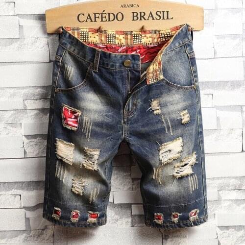 Mens shorts torn jeans brand clothing cotton short breathable denim shorts mens new fashion large hole five pants 28-40