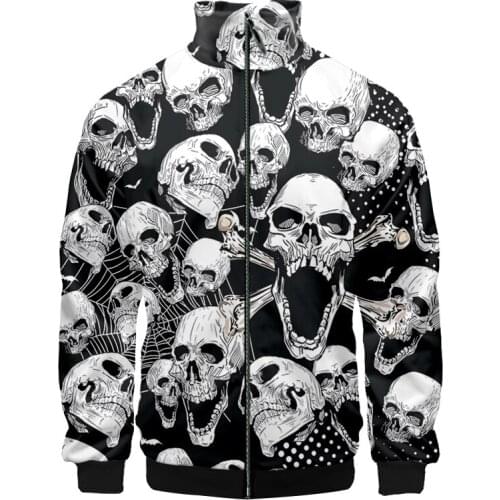 New 3d Print Stand-up Collar Jacket Skull Novelty Streetwear Casual And Cool Fall Winter Zipper Long-sleeved Coat Men/women IFPD
