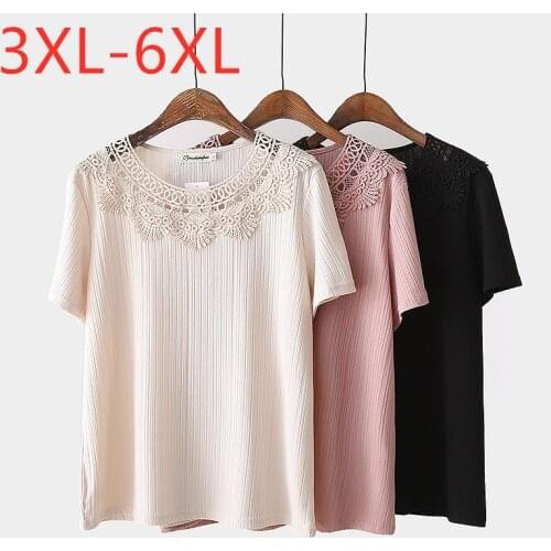 New 2021 Ladies Summer Plus Size Tops For Women Large Short Sleeve Loose Viscose Hollow Out Beige V-neck T-shirt 3XL 4XL 5XL 6XL