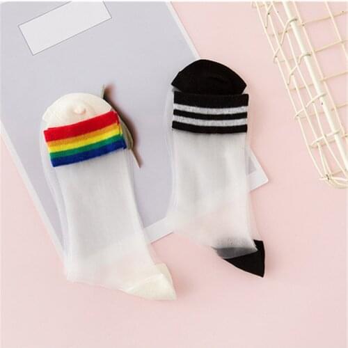 New Fashion Socks Transparent Rainbow Striped Short Socks Women Summer Cute Thin Ankle Socks Hipster Art