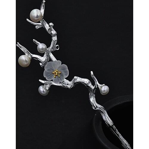 Sakura Japanese Hair Sticks Flower 925 Sterling Silver Jewelry Pearl Hairpin Handmade Ethnic Vintage Cherry Blossoms Hair Pins
