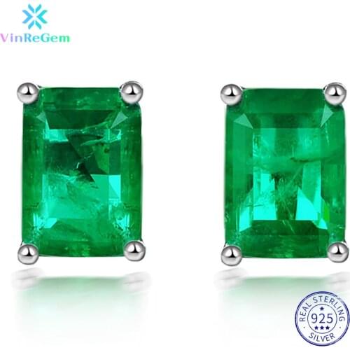 Vinregem 100% 925 Sterling Silver Emerald Cut Created Moissanite Gemstone Engagement Couple Ear Studs Earrings Fine Jewelry Gift