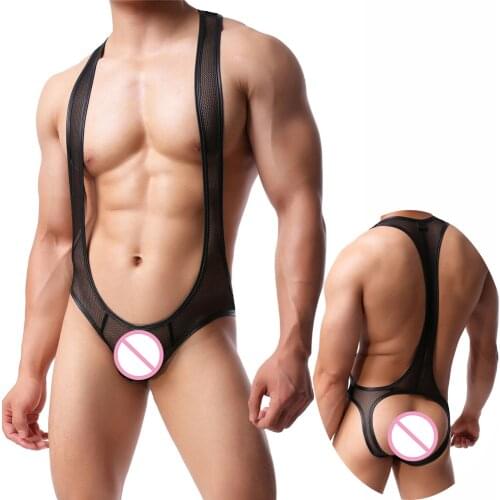 Mesh Transparent Mens Underwear Bodysuit Hollow Out Sexy Open Butt Jumpsuits Undershirts Wrestling Singlets Leotard Nightwear