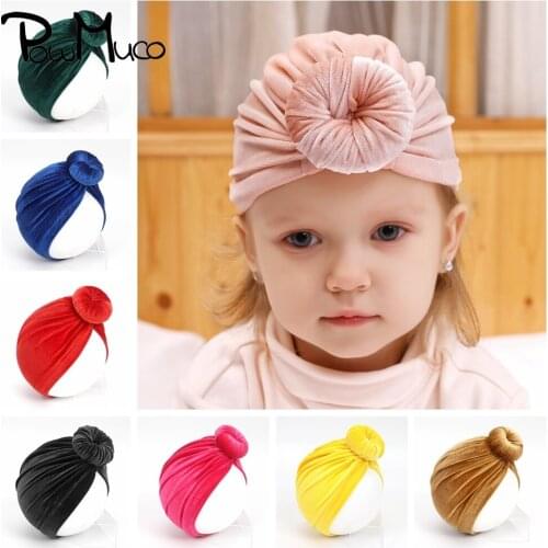 Powmuco Solid Color Handmade Donut Baby Girls Hats High Quality Gold Velvet Infant Caps Cute Princess Headwear Kid Birthday Gift