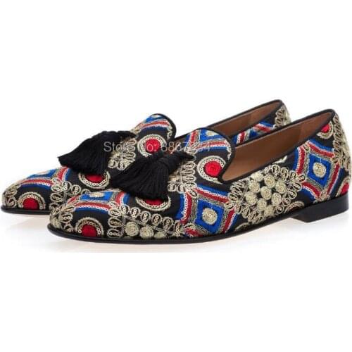 SHOOEGLE Sexy Men Fringed Shoes Mixed Printed Flats Men Embroidered Loafers Slip On Patchwork Shoes Wedding Party Shoes Men