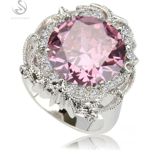 SHUNXUNZE big Bohemia engagement Wedding rings for men and women Shinning Rainbow Pink Cubic Zirconia Rhodium Plated R522 R3595
