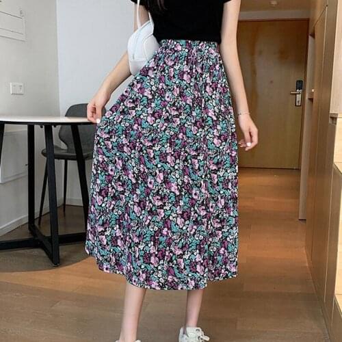Uclio Summer Vintage Floral Print Ruffle Kawaii Long Harajuku Women Korean Streetwear Elastic Waist Midi Skirt
