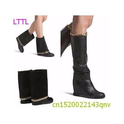Black leather height increasing woman boots round toe knee high boots winter gold chains wedge heeled boots