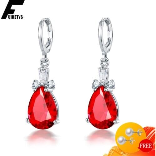 Trendy 925 Silver Jewelry Earrings Water Drop Shape Sapphire Ruby Zircon Gemstone Earring for Women Wedding Engagement Ornament