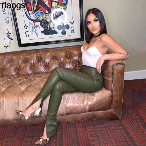 European And American Womens 2021 Spring New High-Waist Imitation Leather Stitching Leather Pants Fashion Bag Hip Slim Leggings