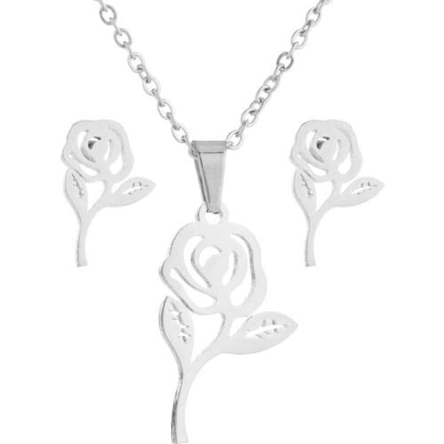 Rose Flower Necklace Set Womens Stainless Steel Flower Necklace Earring Set Three-piece Jewelry Set
