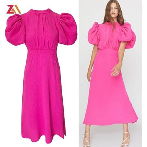 ZALady Designer Elegant Solid Midi Long Dresses Women Stand Collar Puff Short Sleeve Backless Hollow Out Summer Fashion Dress