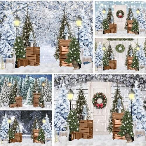 Winter Wonderland Decorations Backdrop Christmas Tree Lights Wreaths White Wood Door Holiday Party Child Studio Photo Background