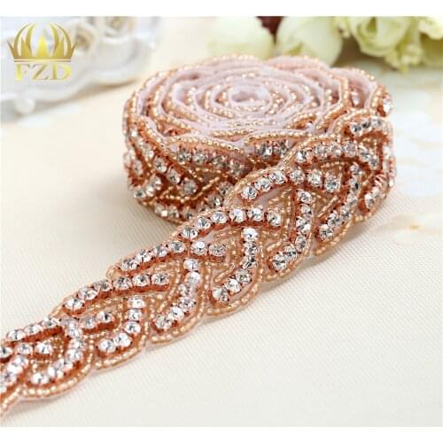 10yards) Wholesale 1 Yard Sewing On Beaded Hot Fix Rose Gold Applique Rhinestone Trim for Wedding Dresses Bridal Garters Sash