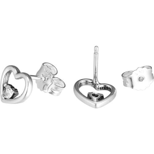 Asymmetric Hearts of Love Stud Earrings with Clear CZ 100% 925 Sterling-Silver-Jewelry Free Shipping