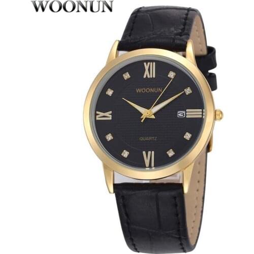 WOONUN Gold Watch Men Mens Watches Top Brand Luxury Diamond Quartz Watches Leather Strap Ultra Thin Watches relogio masculino