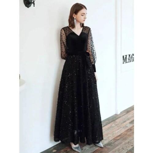 Black Prom Dress V Neck A Line Long Sleeves Polka Dot Tulle Sequins Evening Dresses Coctail Dress HomeComing Dress