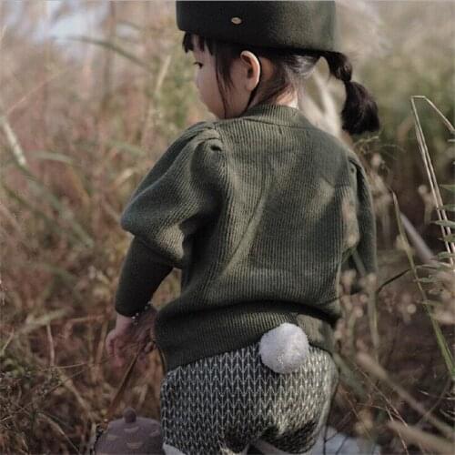 Children Girls Sweater 100% Woolen Knitted Baby Pullover Sweaters Puff Sleeve Pompom Kids Knitwear For Girl Toddler Sweater