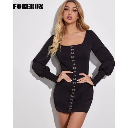 FORERUN Dresses for Women 2021 Square Neck Lantern Sleeve Slim Elegant Sexy Long Sleeve Mini Black Bodycon Vestidos Robe Femme