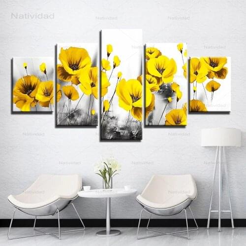Hd Print Yellow Poppy Flower Wall Art Pictures 5 Pieces Canvas Painting Home Decor Poster Modular Living Room Photos No Frame