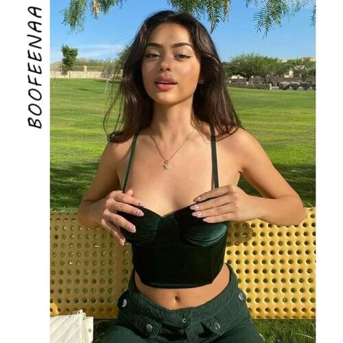 BOOFEENAA Green Velvet Cami Bralette Crop Top Women Vintage Sexy Spaghetti Strap Sleeveless Tanks Y2k Clothes C66-AH10