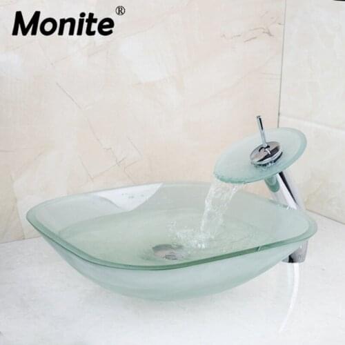 Forst Square Transparent Tempered Glass Vessel Counter Top Bathroom Basin Sink Faucet With Waterfall Faucet With Pop Up Drain