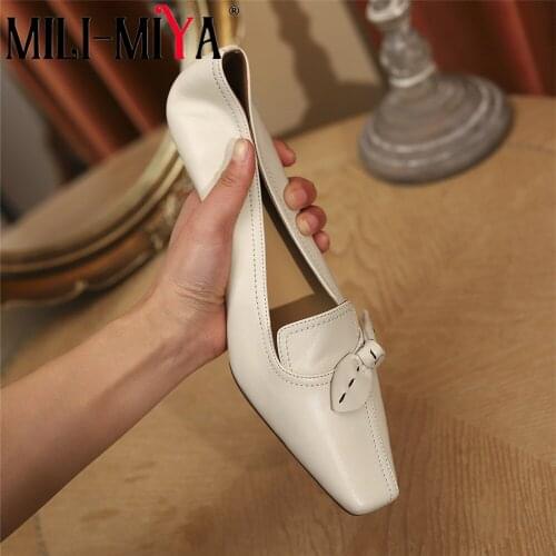 MILI-MIYA Casual Low Thick Heels Women Genuine Leather Pumps Square Toe Slip On Solid Color Comfortable Street Shoes Handmade