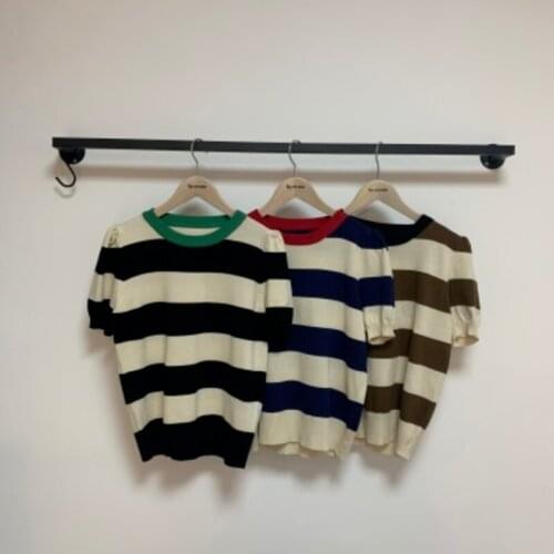 Korean Fashion Knitted Striped T Shirts Tops Women Short Sleeve O-Neck Casual Female Tees 2021 Summer Pullovers T-Shirts