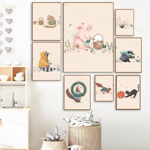 Mouse Bird Raccoon Squirrel Pig Black Cat Flower Wall Art Canvas Painting Nordic Poster and Prints Wall Pictures Kids Room Decor