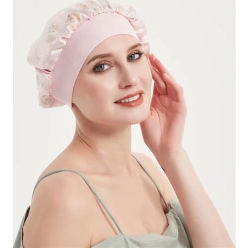 2021 New Style 100% Mulberry Silk Night Sleep Cap Elastic Fashion Women Shower Caps Big Bonnet For Lady Sleep Cap 19 Momme